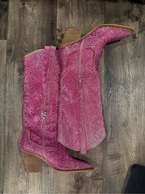 Embellished Pink Knee-High Western Heeled Boots